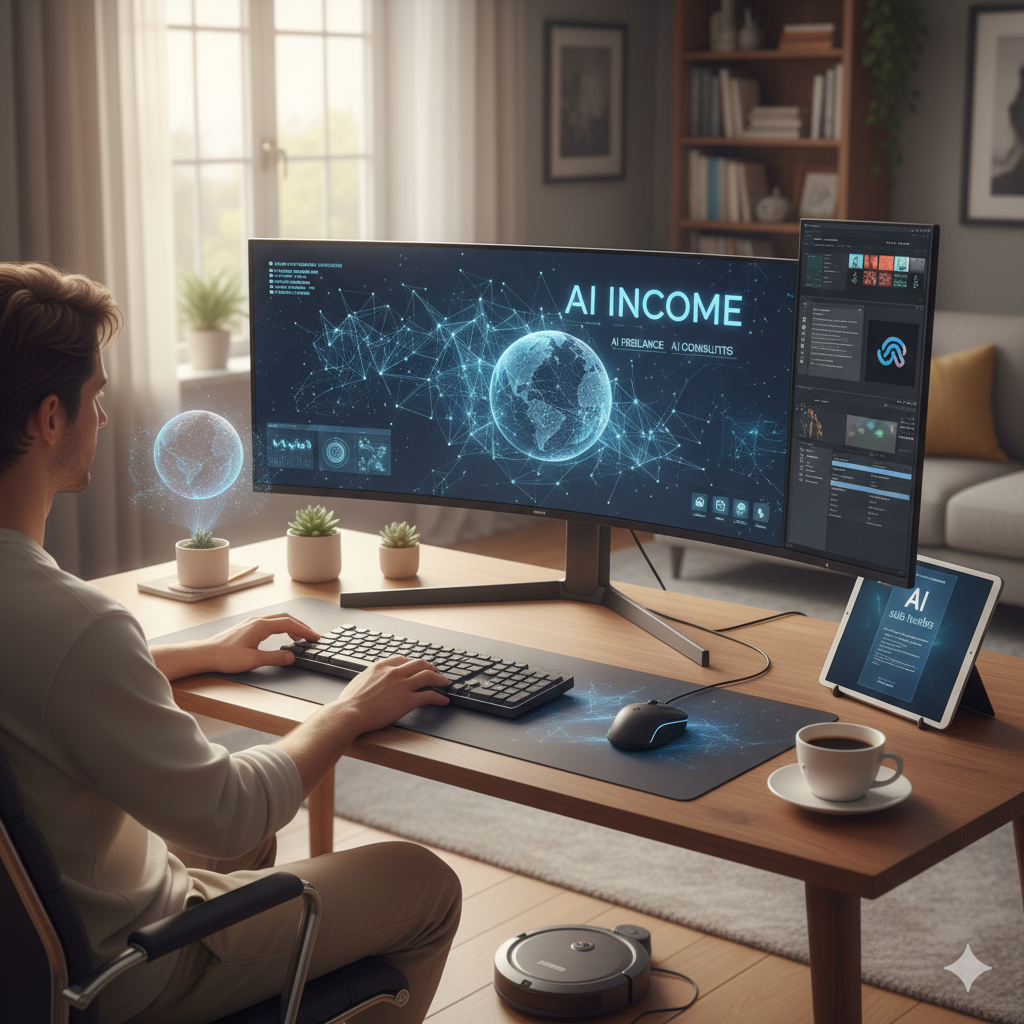 Person working from home with dual monitors displaying AI income dashboard and futuristic graphics