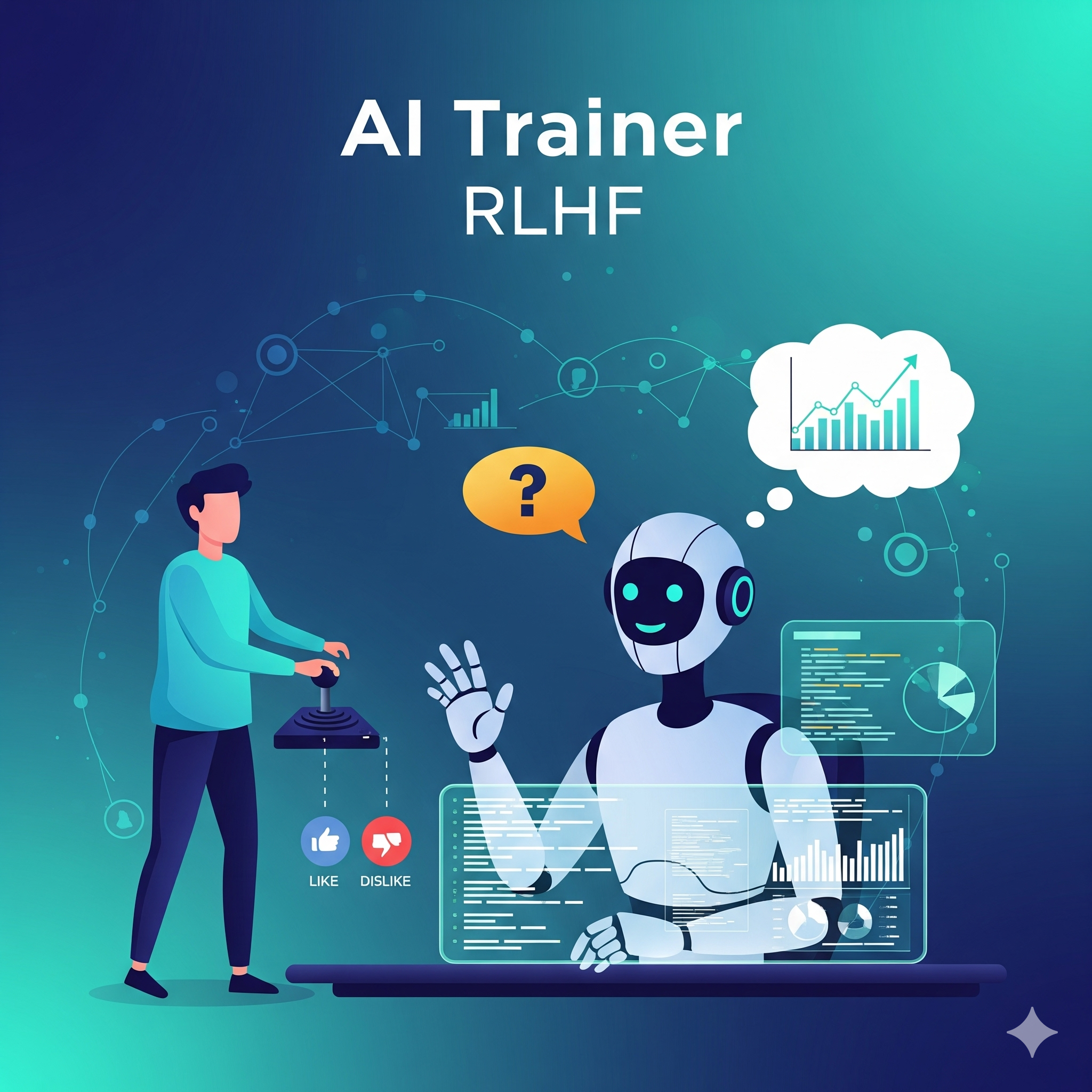 AI trainer providing feedback to a robot with like/dislike buttons and performance charts