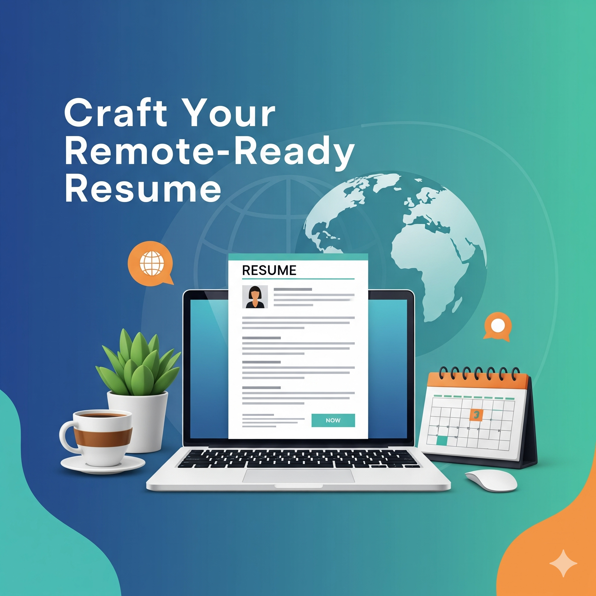 Professional remote work setup with laptop displaying resume, world globe background, coffee cup, plant, and calendar, representing crafting a remote-ready resume for global opportunities