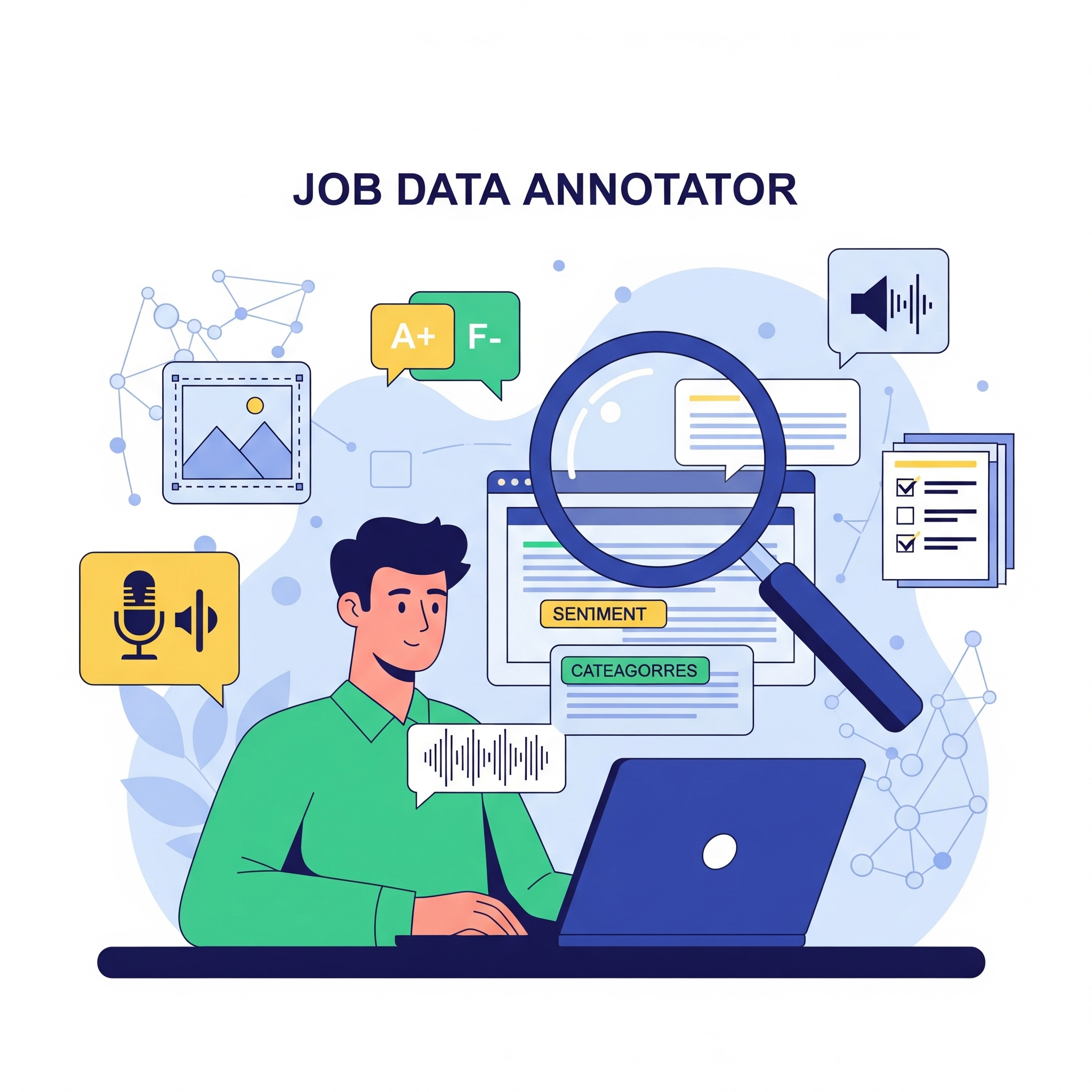 Data annotator working with various annotation tools including image labeling, text classification, and audio analysis