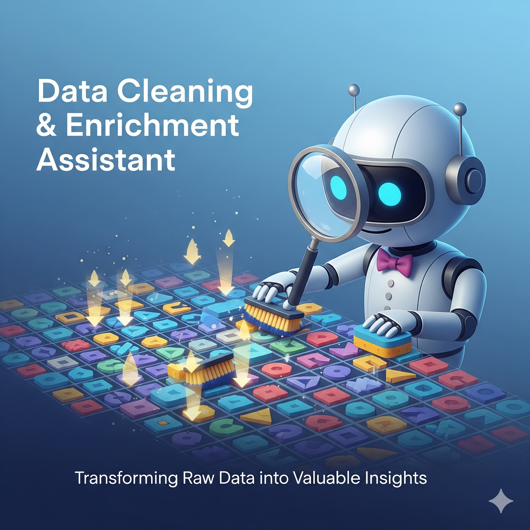 Robot with magnifying glass and cleaning brush working on colorful data grid with upward arrows showing data transformation