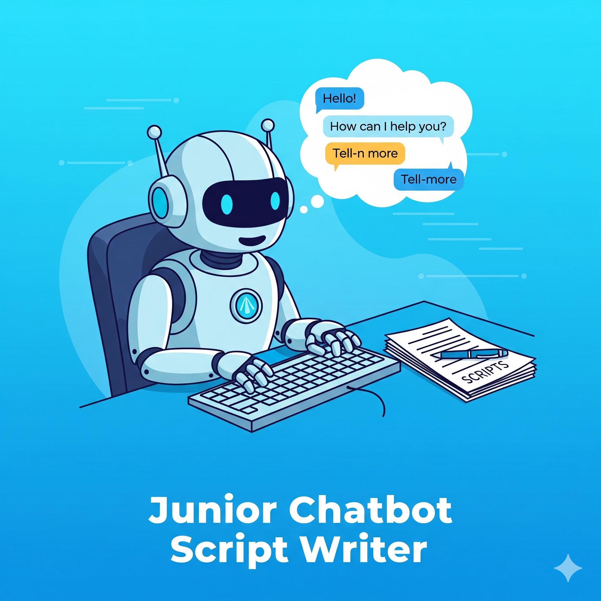 Robot at desk with keyboard and script papers, thought bubble showing chatbot conversation flow with Hello, How can I help you, and response options