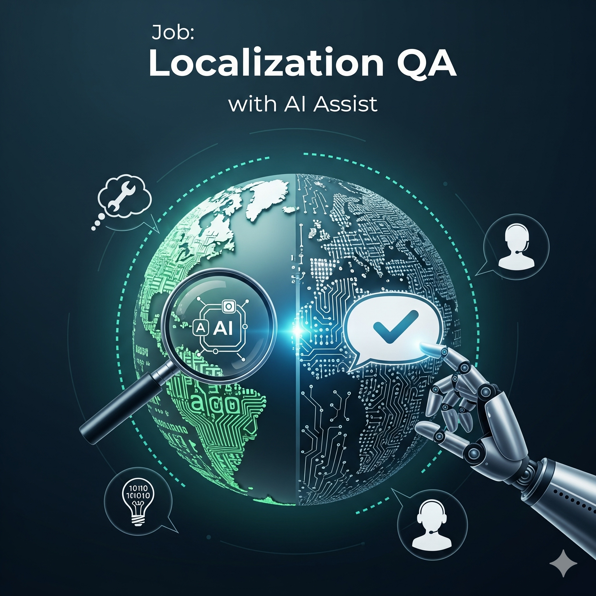 Global digital world with magnifying glass focusing on AI technology, robotic hand with checkmark speech bubble, representing worldwide localization quality assurance with AI assistance