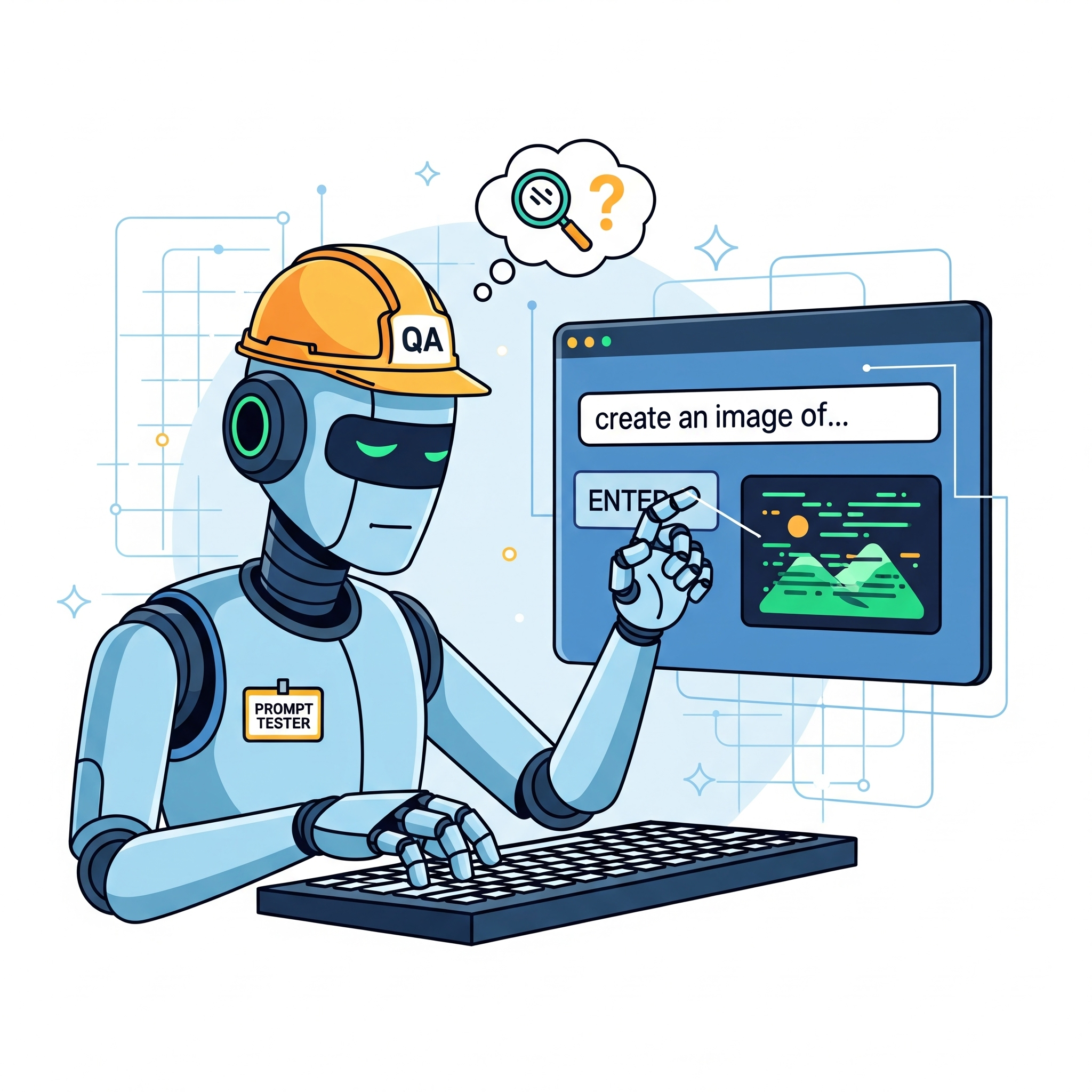 Robot QA tester with hard hat and headphones testing AI prompts on computer with magnifying glass thought bubble