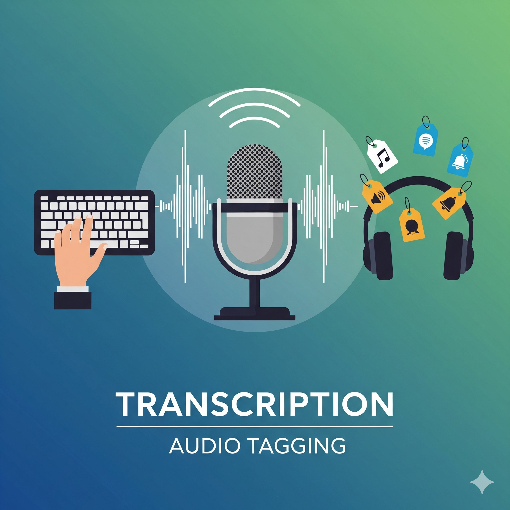 Transcription workflow showing hand typing, microphone with audio waveforms, and headphones with audio tags