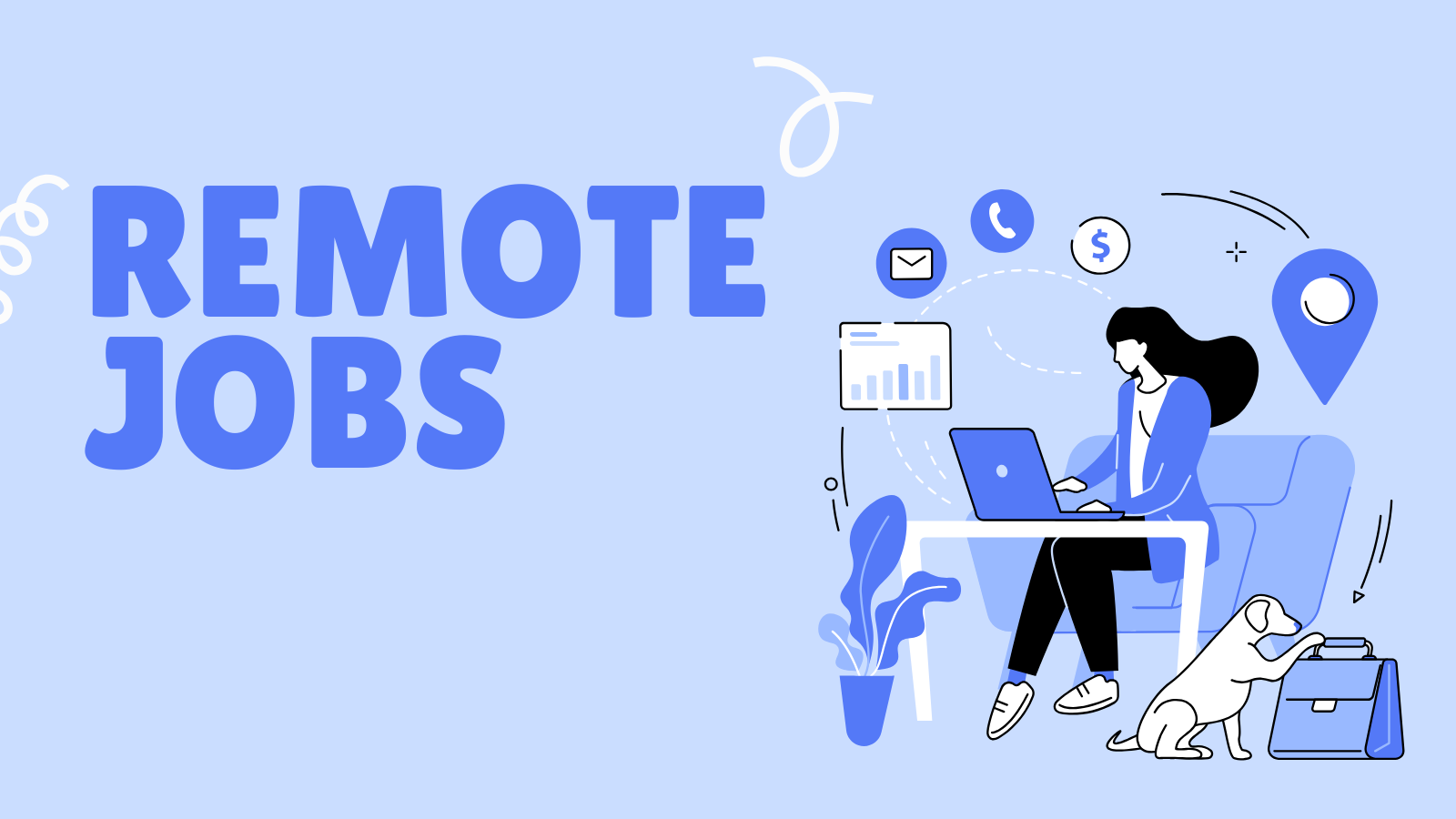 Illustration of remote work with a person at a laptop and a dog